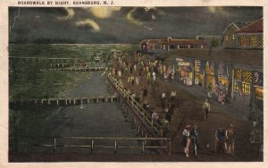 Vintage Postcard Boardwalk by Night Shops Buildings Crowd Keansnurg New Jersey