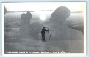 RPPC  MT. SPOKANE, Washington WA ~  Skier WINTER SUNRISE c1940s Leo's Postcard