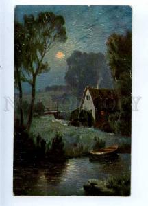 233535 MOON Night Water Mill in Light Vintage Embossed H.R.Z.