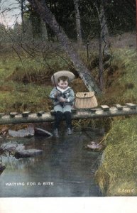 Waiting For A Bite Antique Child Fishing With Tackle Wicker Box Postcard