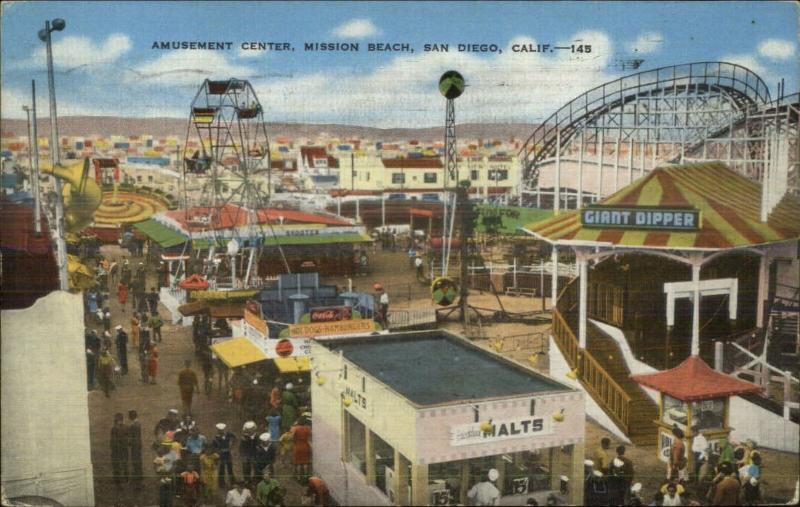 San Diego CA Mission Beach Amusement Center Linen Postcard