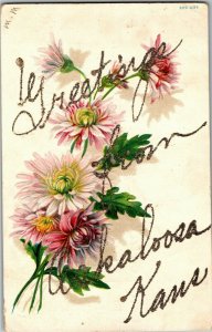 Greetings from Oskaloosa KS Glitter Flowers Vintage Postcard C14