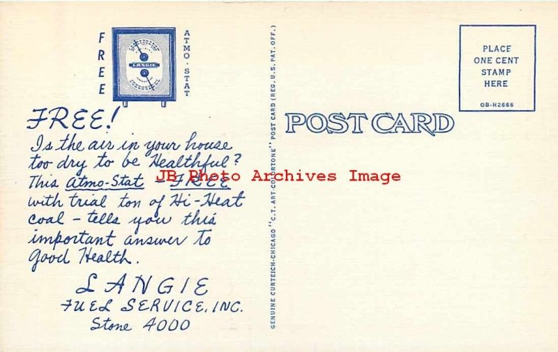Advertising Linen Postcard, Langie Fuel Service, Hi-Heat Coal, Rochester NY