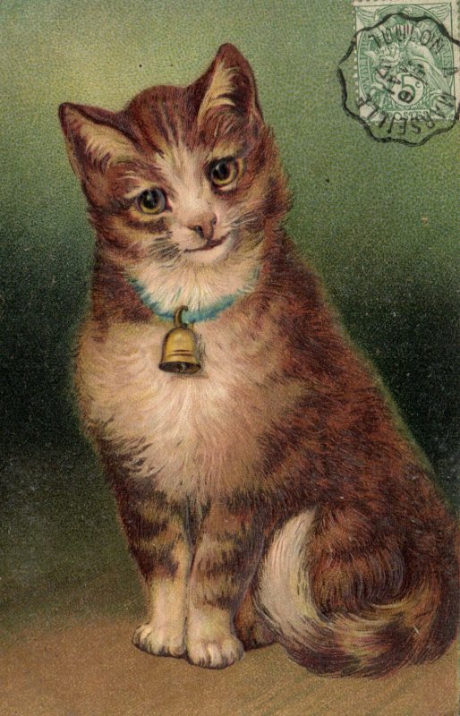 PC CATS, A CAT WITH A BELL NECKLACE, Vintage EMBOSSED Postcard (b47058)