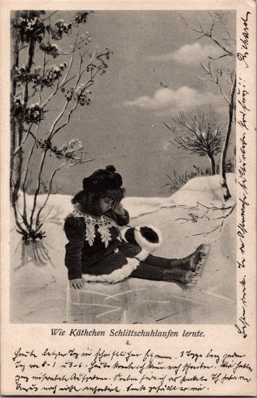 Girl Ice Skating Wie Käthchen Schlittschuhlaufen Lernen Vintage Postcard C004