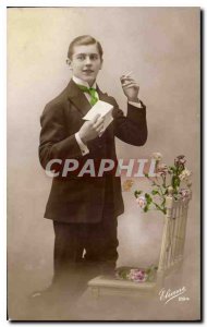 Postcard Old Man Smoking Cigarette