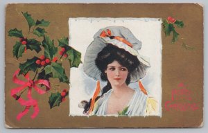 Art~Christmas~Holly~Lovely Lady Portrait In Icy Square~White Bonnet~Gold~Vtg PC