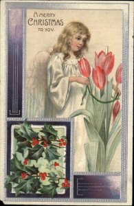 Christmas Beautiful Little Blonde Girl Angel c1910 Vintage Postcard