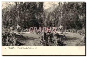 Views stereoscopic Tonkin Postcard Old Labor in the forest (Hevea) Vietnam In...