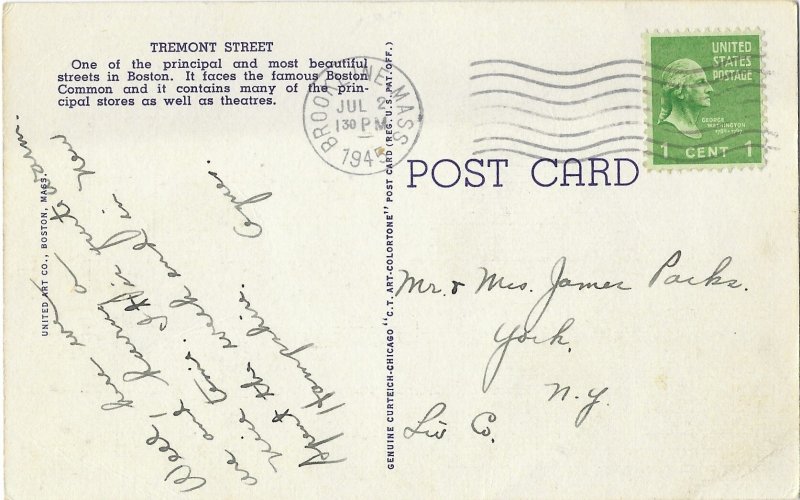 Tremont Street Boston Massachusetts Mailed 1945