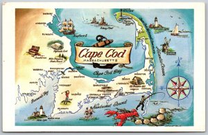 Vtg Cape Cod Massachusetts MA Map Peninsula Town Villages Postcard