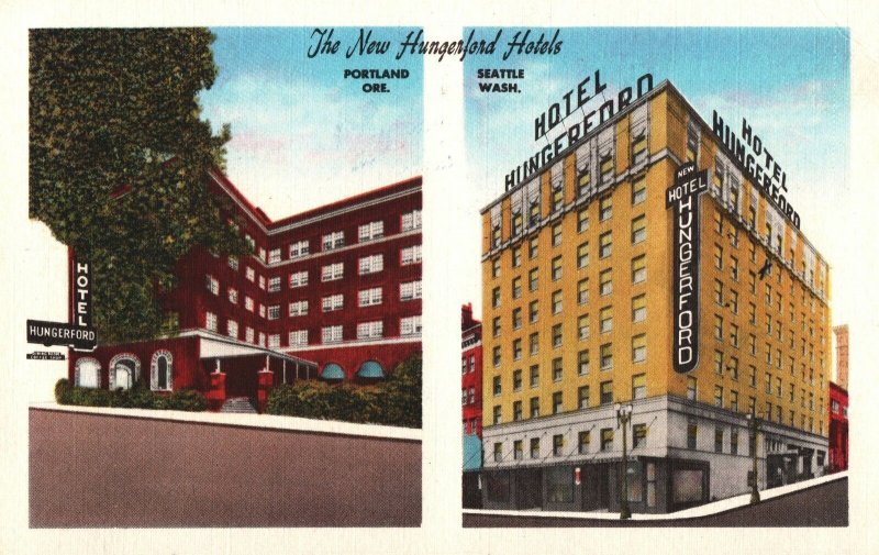 VINTAGE POSTCARD HUNGERFORD HOTELS AT PORTLAND OR & SEATTLE WA LINEN MAILED 1957