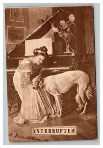 Vintage 1910's Photo Postcard - Cute Girl Interrupted Playing Piano Elegant Dog