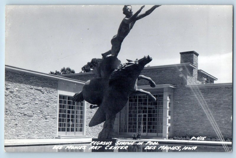Des Moines Iowa IA Postcard RPPC Photo Pegasus Statue In Pool Art Center Vintage