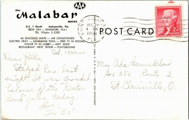 Malabar Motel U.S. 1 North Jacksonville FL c1956 Vintage Postcard B33