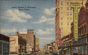 Waco Texas TX Austin Ave Colorful Linen Street Scene Vintage Postcard