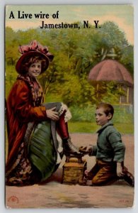 Jamestown NY A Live Wire Woman Getting Shoe Shine Greetings Postcard H29