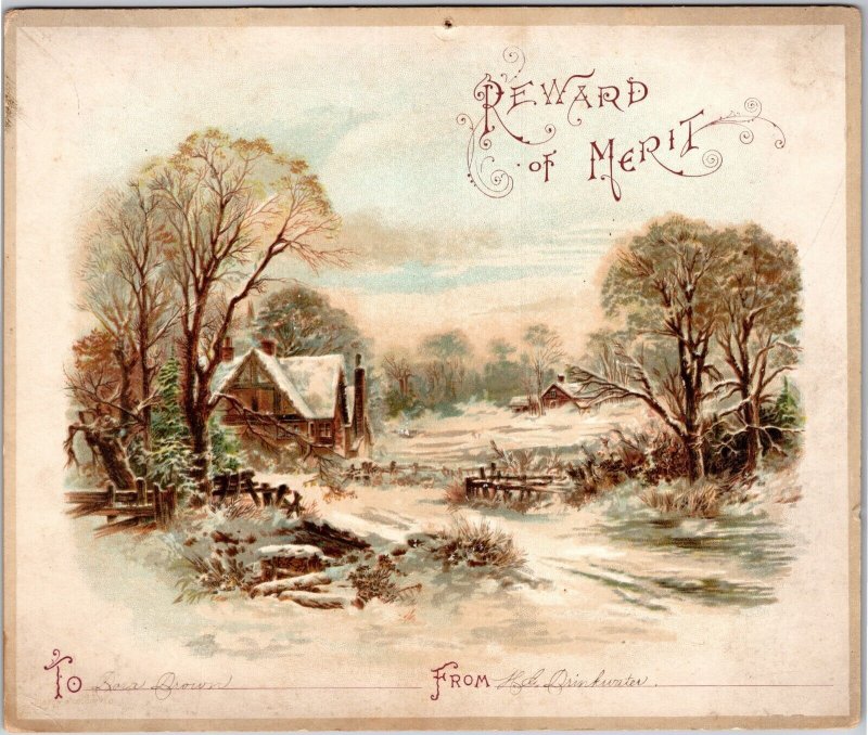 Vintage Reward Of Merit Victorian Card Winter Home Scene - Teacher Student