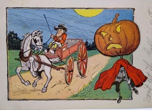 Halloween Postcard Fantasy Carriage Buggy Horse Coach Pumpkin JOL Costume 1908