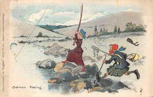 SALMON FISHING COMIC ENGLAND UK ARTIST SIGNED POSTCARD (c. 1905)