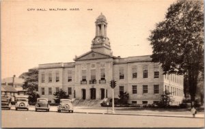Vtg Waltham Massachusetts MA City Hall Old Cars Postcard