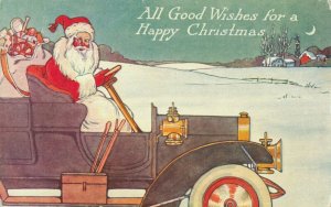 Christmas All Good Wishes for a Happy Santa Claus Driving a Car Postcards 04.08