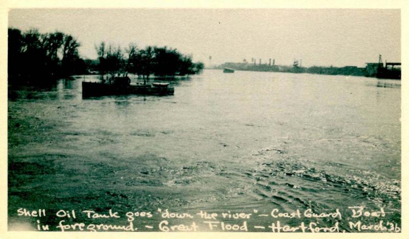 CT - Hartford. March, 1936. Great Flood. Coast Guard Boat, Shell Oil Tank Flo...