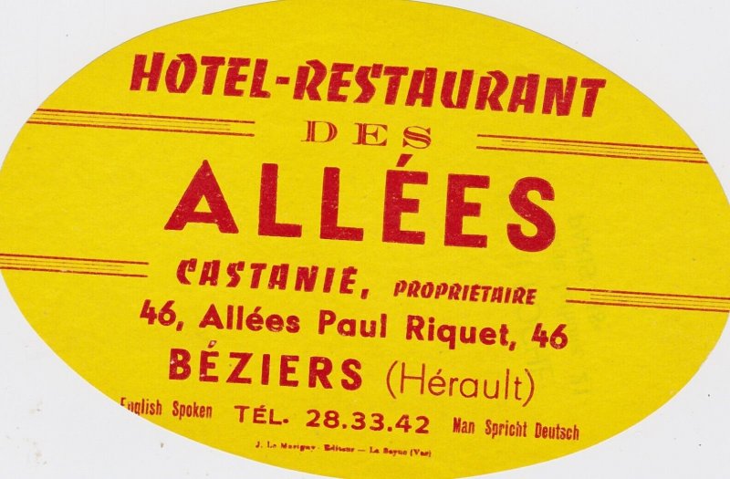 France Beziers Hotel Restaurant Des Allees Vintage Luggage Label
