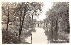 RPPC, Alma MI Michigan  PINE RIVER  Camping~Trailers~Bridge  c1940's Postcard