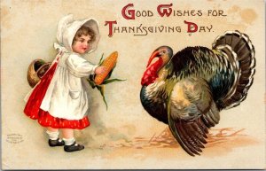 Thanksgiving Postcard Young Girl Feeding a Turkey Corn On The Cob