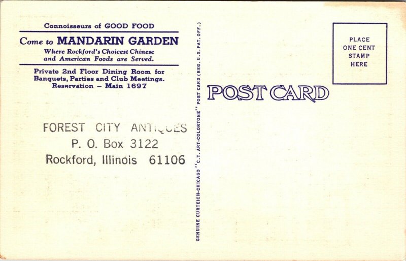 Linen Postcard Interior of Mandarin Garden Restaurant in Rockford, Illinois~4373