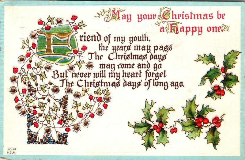 Vintage 1910s Christmas Poem Holly Leaves Embossed Merry Christmas Postcard