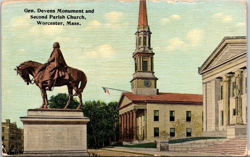 Second Parish Church Gen Devens Monument Worcester Massachusetts DB Postcard