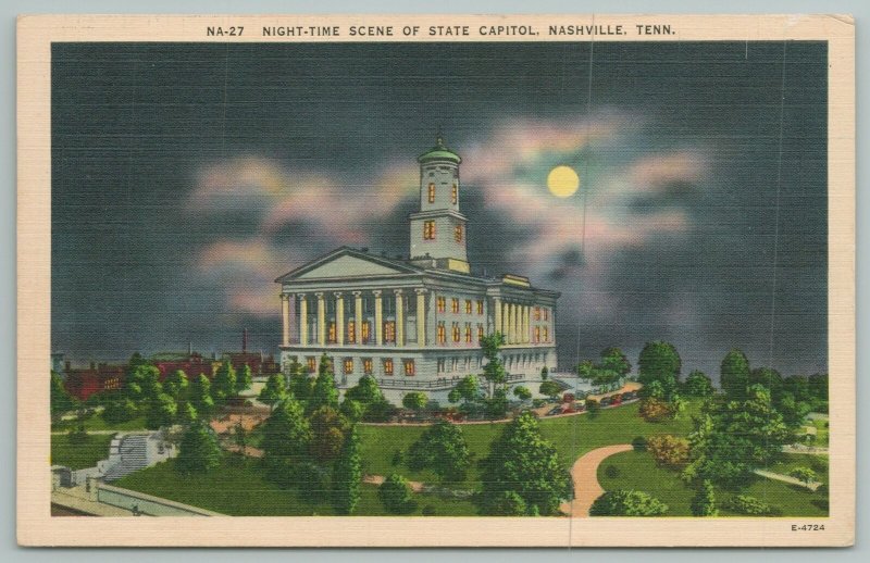 Nashville Tennessee~Night Time Scene State Capitol~Vintage Postcard