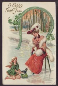 A Happy New Year,Woman,Cupid,Horseshoe Postcard