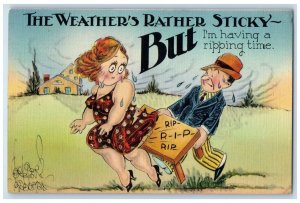 1940 Fat Woman RIP Sticky Big Butt I'm Havin A Ripping Time Saybrook CT Postcard