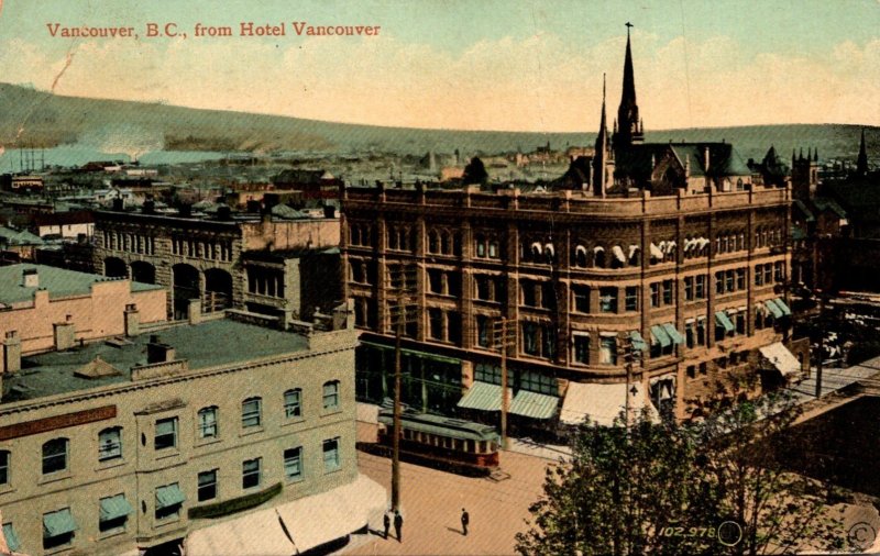 Canada Vancouver View With Trolley From Hotel Vancouver 1911