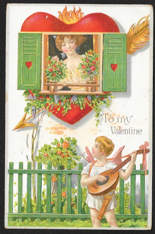 To My Valentine Cupid Serenades Pretty Lady At Window Used c1909