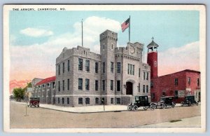 1920's CAMBRIDGE MARYLAND MD THE ARMORY ANTIQUE CARS AMERICAN FLAG POSTCARD