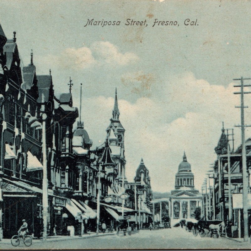 c1910 Postcard Fresno CA California Mariposa Street Bicycle Horse Buggy