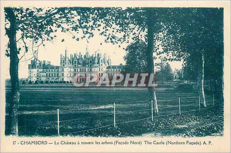 Old Postcard Chambord Castle through the trees North Facade