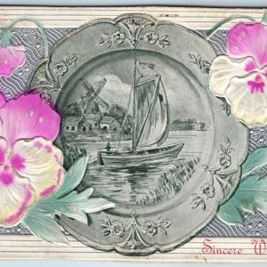 c1910s Beautiful 3D Artistic Sail Boat Embossed Sincere Wishes Postcard A197