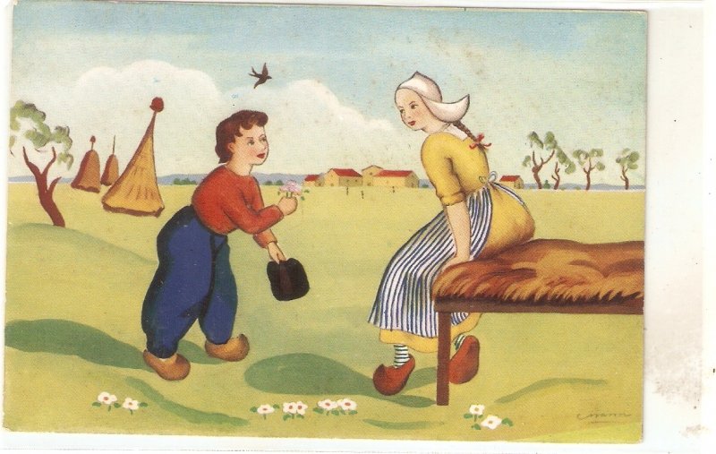 Children couple in fantasy land Lot of two (2) vintage cards. Artist signed