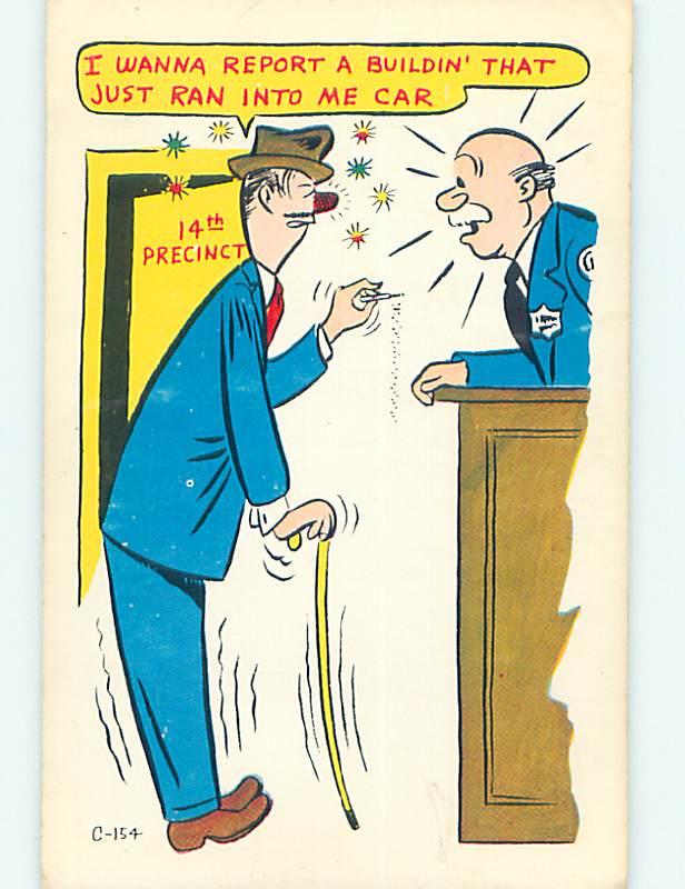 Unused 1950's comic DRUNK MAN AT POLICE STATION REPORTS ACCIDENT o8024