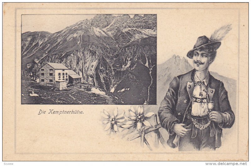 Die KEMPTNERHUTTE, Tirol, Austria; Young man wearing Austrian Costume, Flower...