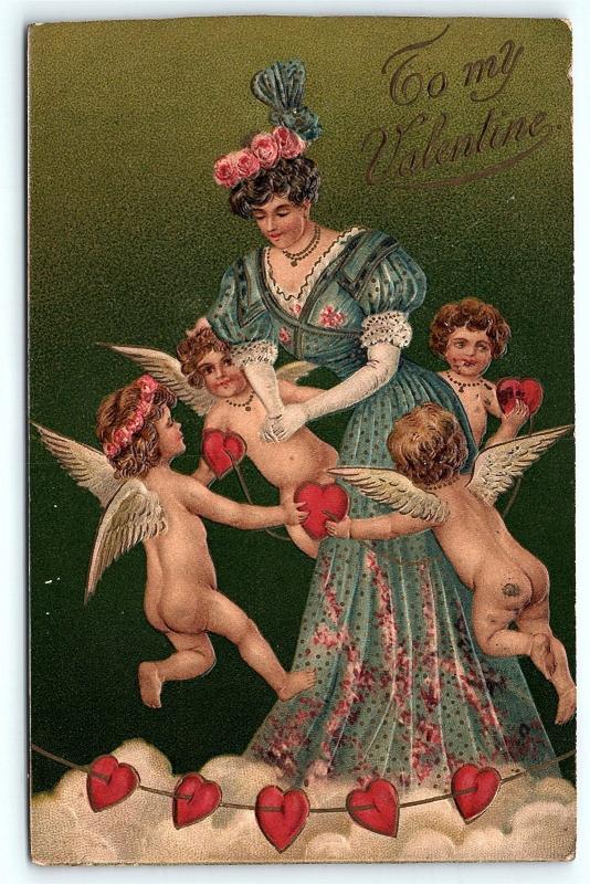 Postcard Valentine To My Valentine Woman Surrounded by Cupids C30