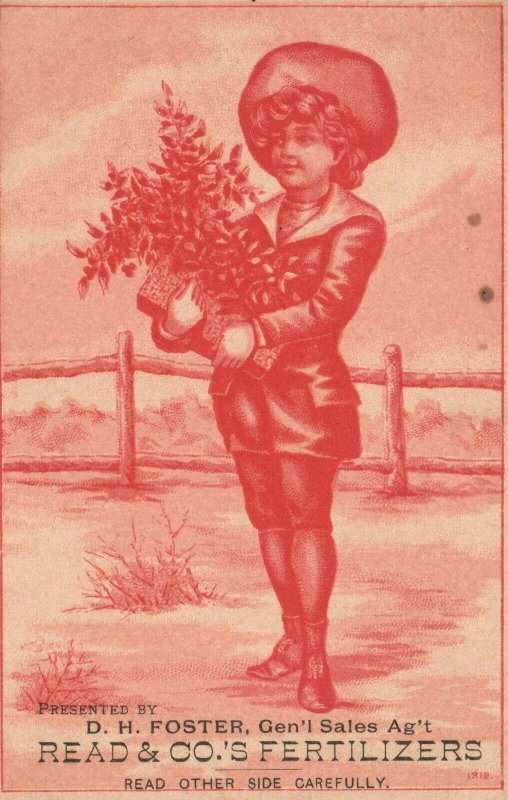 1880s-90s Girl Flowers D.H. Foster Read & Co. Fertilizers New York Trade Card