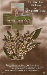 Sheeps pasturing. Flowers. Cross. Easter Message Old vintage English PC