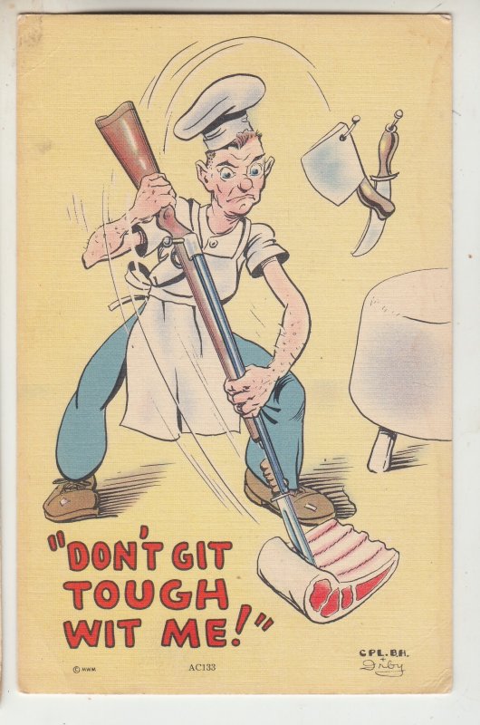 P3555 J L, postcard old Comic chef cook don,t get tough with me, rifle bayonet