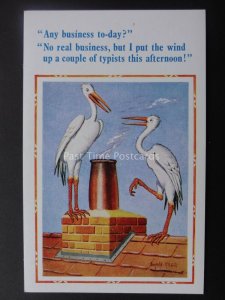 Donald McGill Postcard NEW BABY DELIVERY, STORKS TALKING OF NEW BUSINESS c1950's